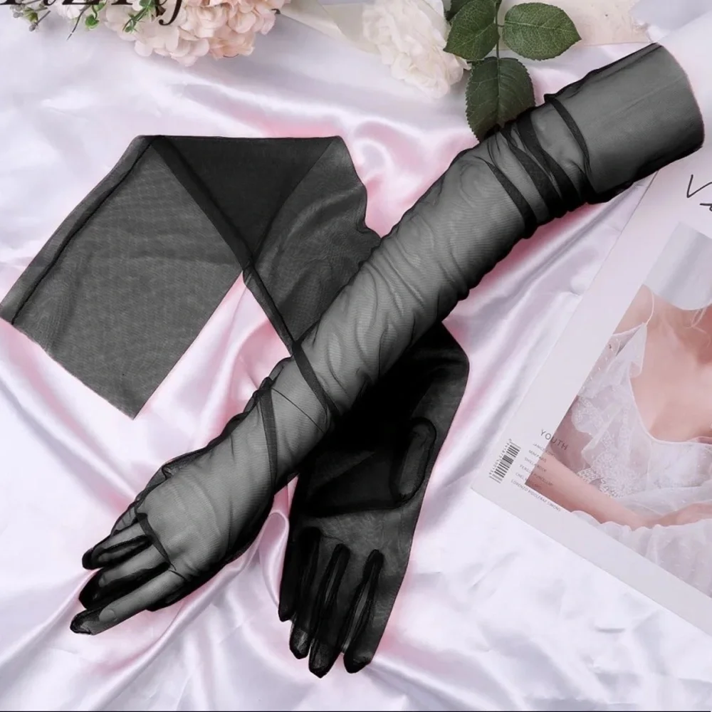 Mesh Kink Long Tulle Crumbling Taffeta Black High Gloves Transparent